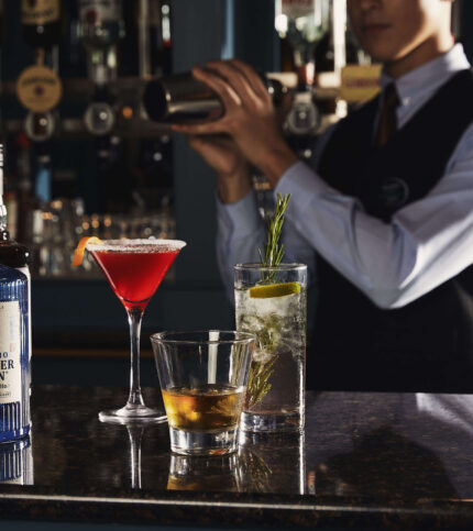 Bartender mixing drinks at elegant hotel bar featuring assorted cocktails.