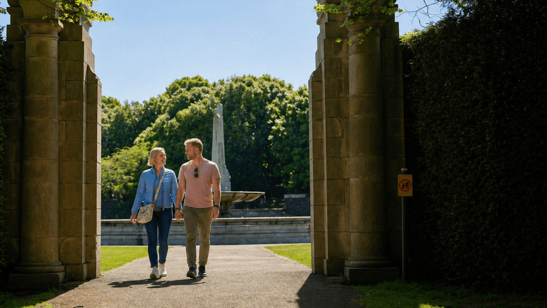 A couple walks through a stone archway towards a garden fountain on a sunny day.