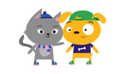 Cartoon cat and dog friends wearing colourful hats and scarves, smiling joyfully.