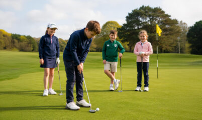 Children playing golf on a green at a sunny Springfield Hotel course.