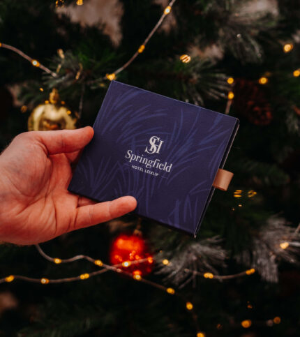 Hand holding Springfield Hotel gift box near festive Christmas tree.